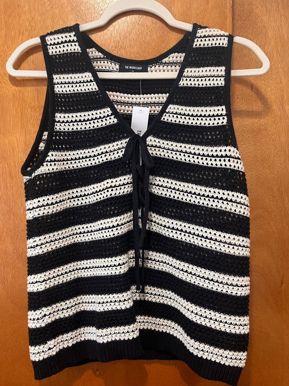 NWT Workshop Republic Clothing Black & White Striped Faux Knit Tie-Front Vest